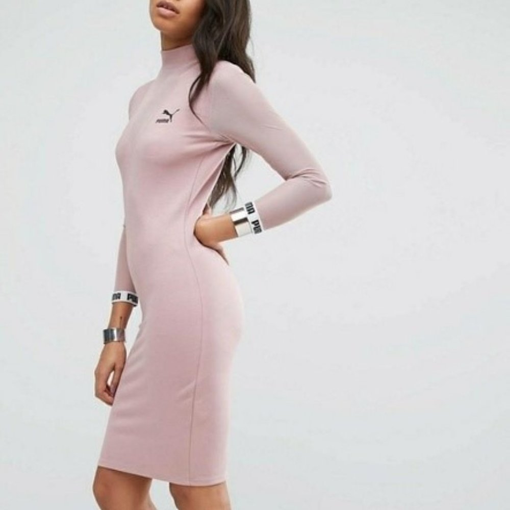 Puma Pink Bodycon B&W Logo Mesh Sleeve Turtleneck Dress